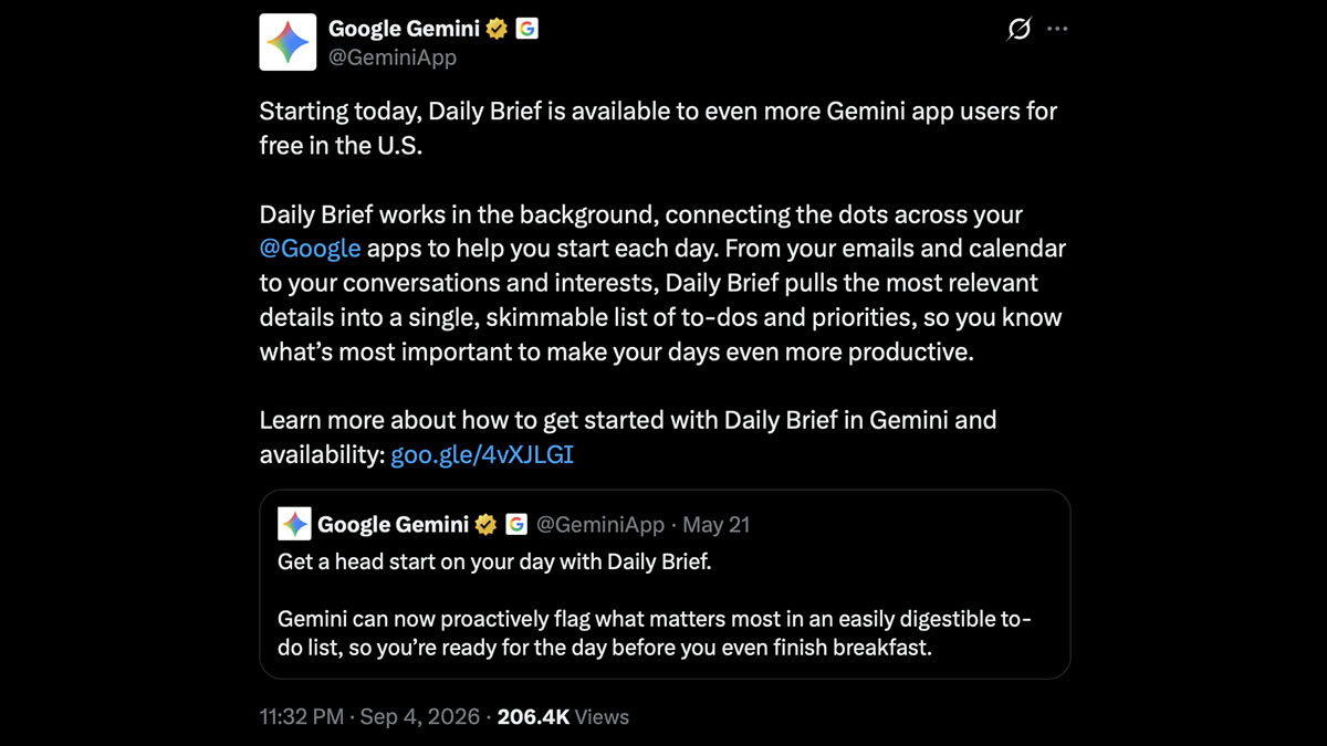 Google, Gemini Daily Brief'i Ücretsiz Kullanıcılara Açtı: Günlük Özetler Artık Herkese