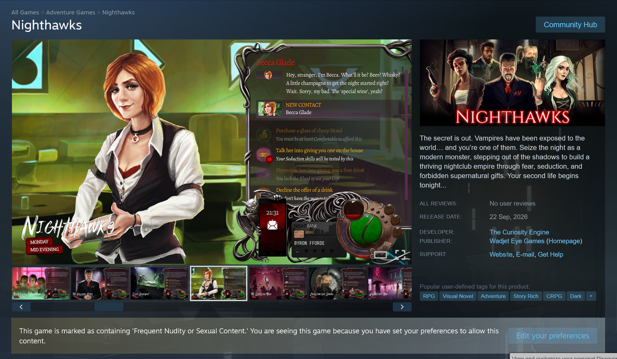 Steam, Vampir RPG Nighthawks'ı Yetişkinlere Özel Olarak İşaretledi: Almanya'da Satıştan Kaldırıldı